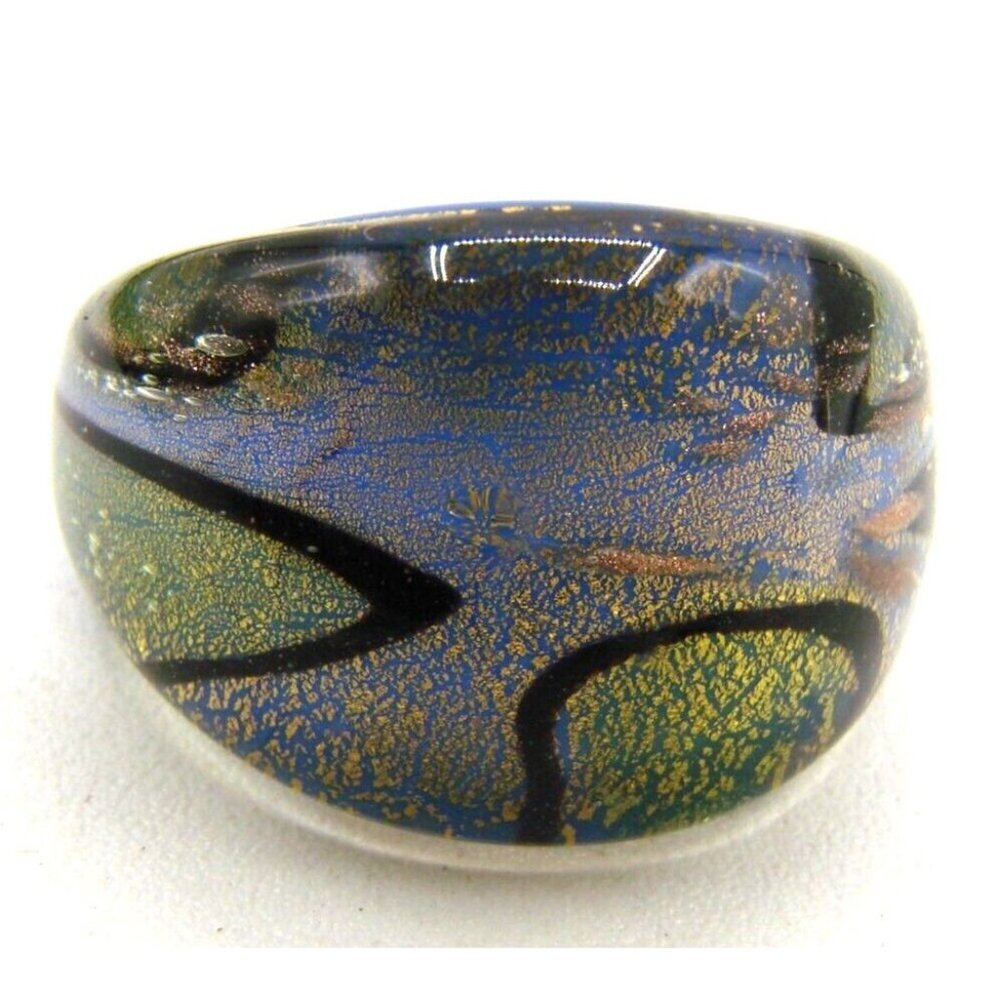 Pier One Blown Glass Cosmic Ring Domed Blue Gold Black Chromatic Lampwork Size 7